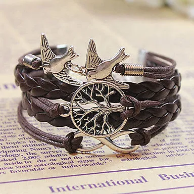 Women's Multilayer Alloy Love Birds Life Tree and Infinity Handmade Leather Bracelet