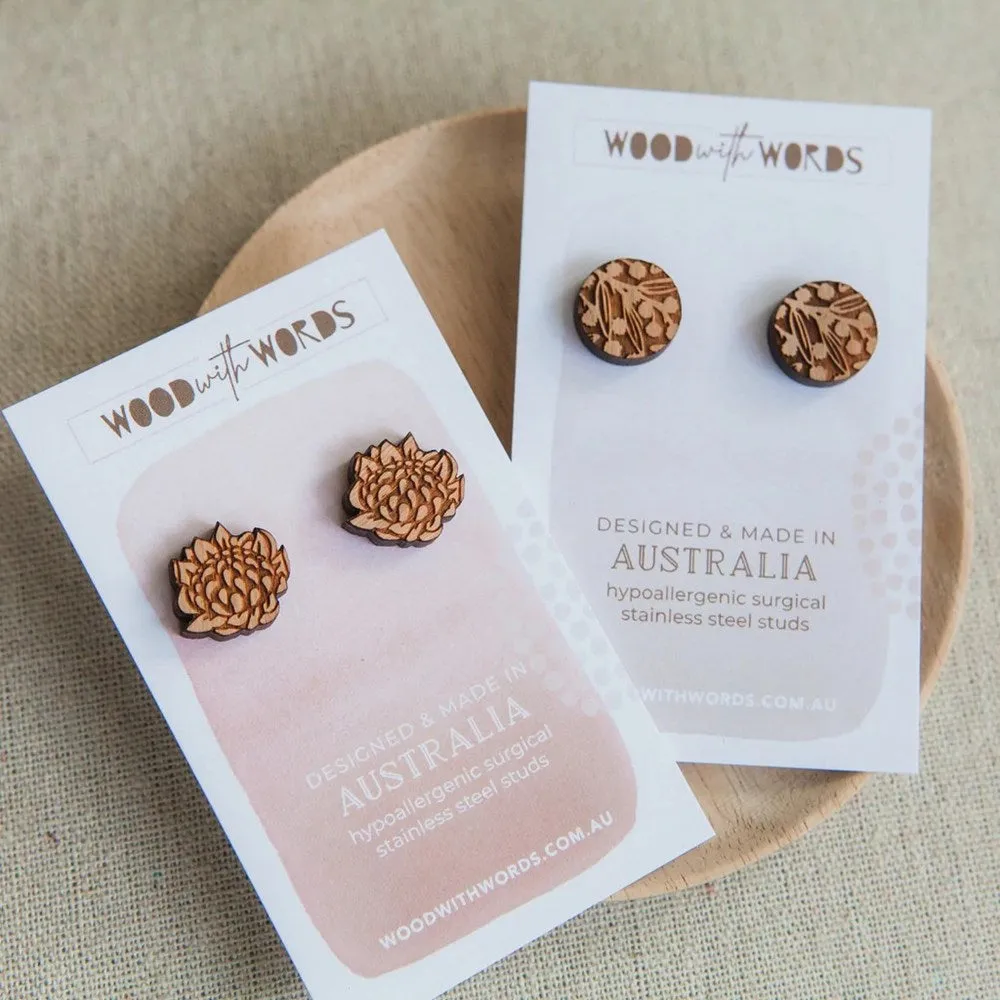 Wood With Words: Wooden Stud Earrings Wattle Blossom