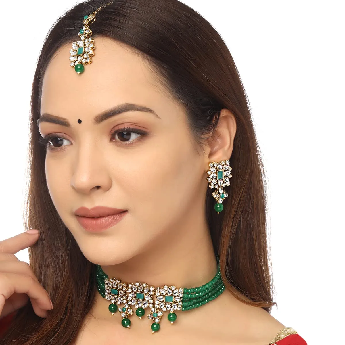 Yellow Chimes Jewellery Set Green Beads Multi Charm Kundan Studded Beads Drop Neckalce Set with Earrings & Maangtikka for Women and Girls