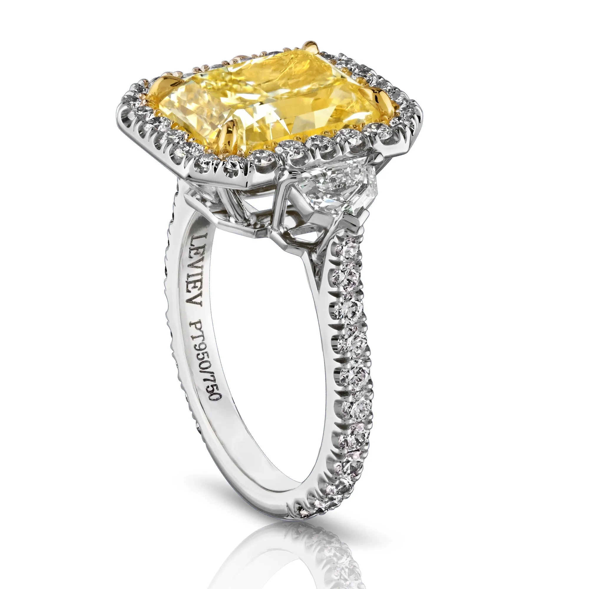 Yellow Diamond Ring with White Diamond Halo and Shield Cuts, 5.02 CT