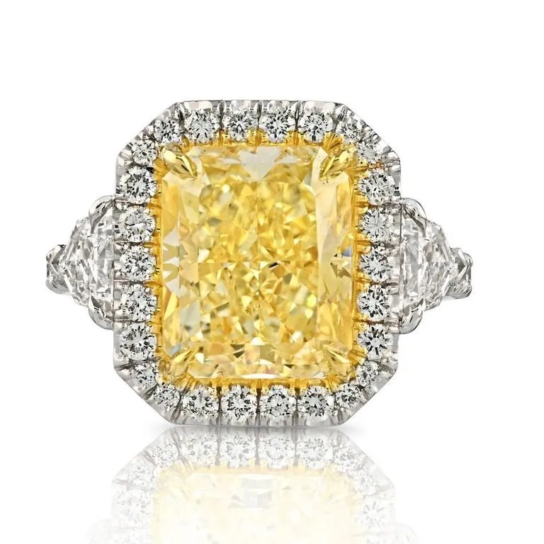 Yellow Diamond Ring with White Diamond Halo and Shield Cuts, 5.02 CT